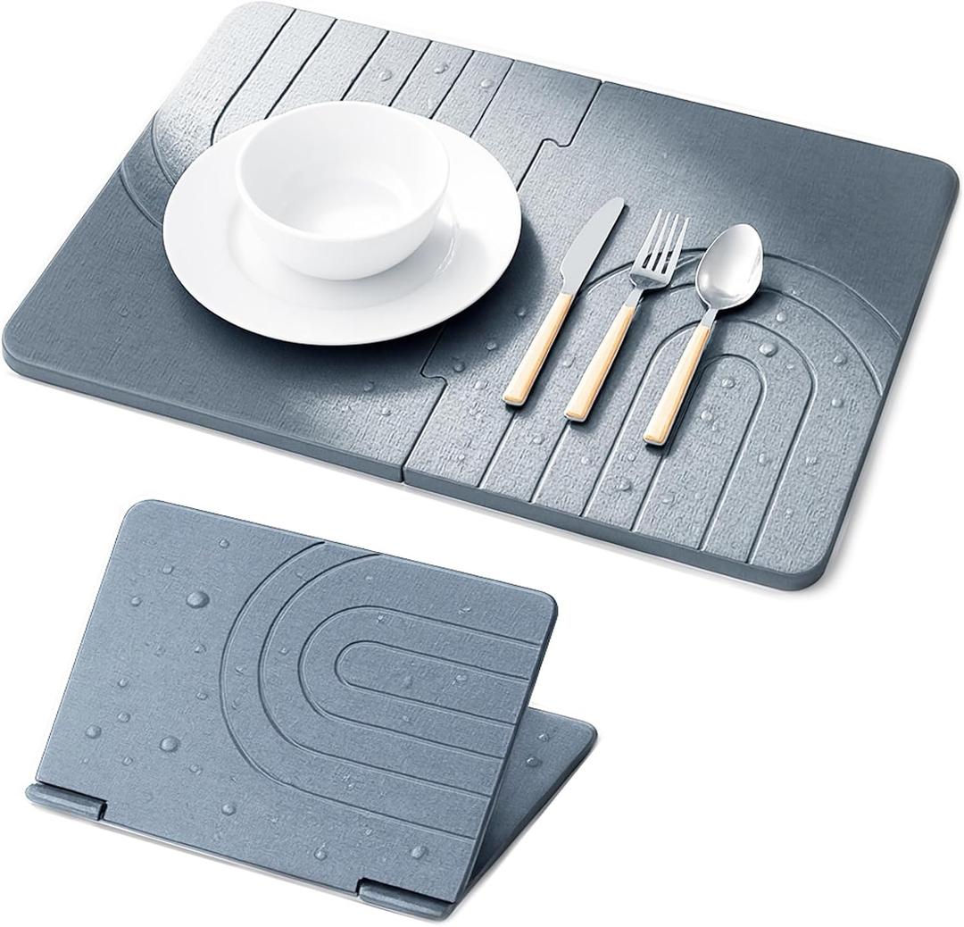 Small Stone Drying Mat for Kitchen Counter 18"x13", Misty Gray,Diatomaceous Earth Quick Dry Foldable Dish Drying Mat, Eco-Friendly Minimalist Design for Modern Homes