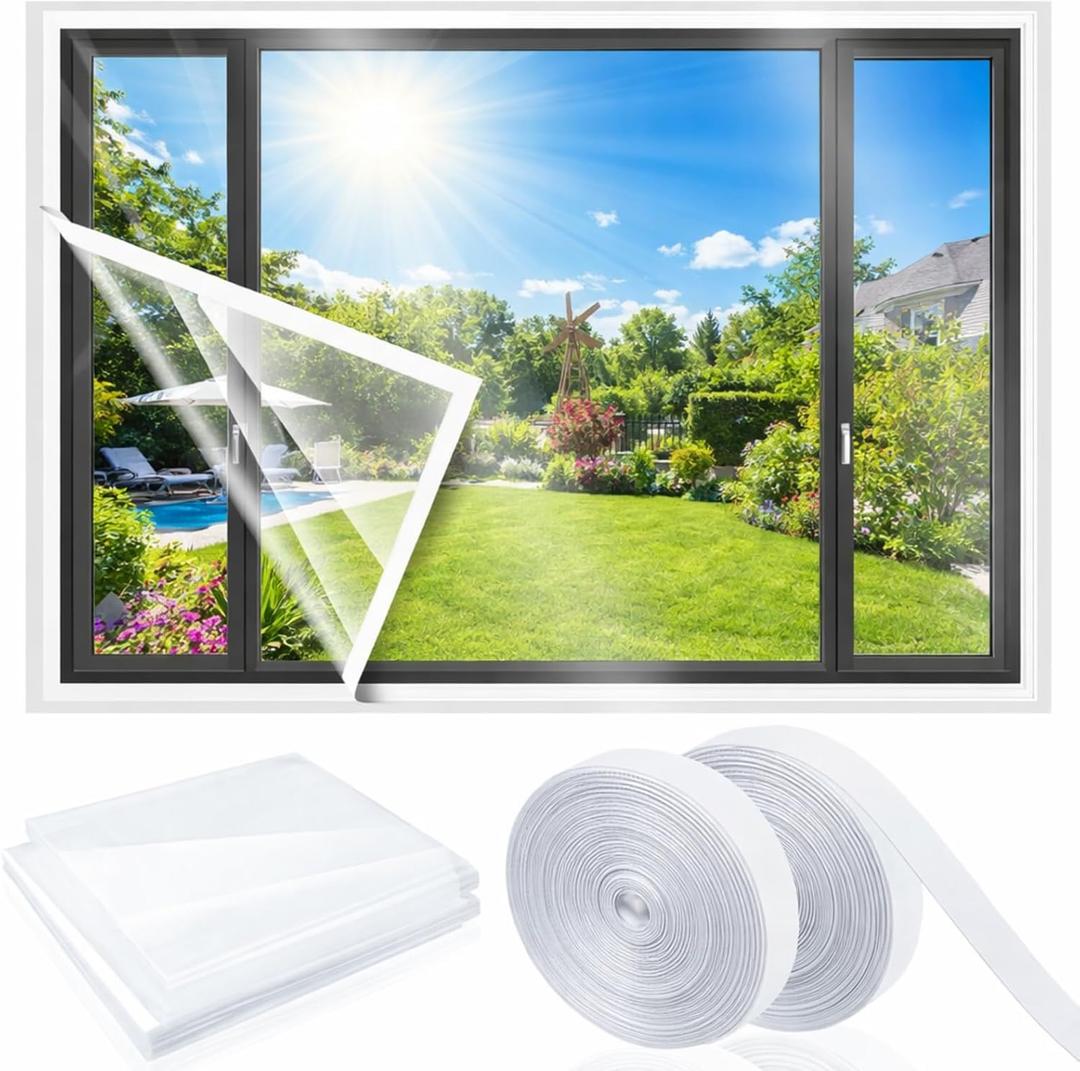 Beeveer 47 x 63 Inch Adjustable Window Insulation Kit for Summer Heat Cuttable Window Plastic Keep Warm in Winter Cool in Summer Transparent Film with Adhesive Straps Reusable Winterizing Cover