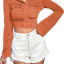 LYANER Women's Ruched Front Button Down V Neck Bell Long Sleeve Crop Tops Dressy Blouse Shirt Brown Large