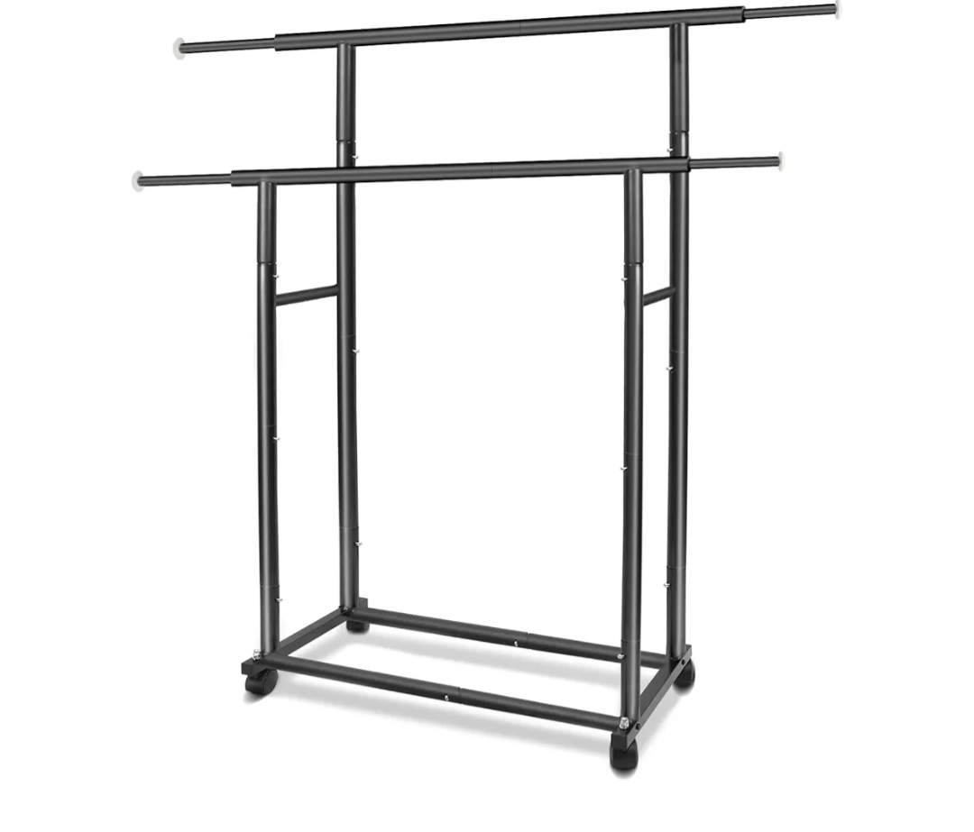 Black Simple Standard 2 Double Rod Clothing Metal Garment Rack for Hanging Clothes, Rolling Clothes Organizer with Mobile Lockable Wheels