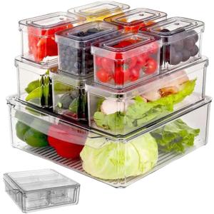 Clear Fridge Organizer Bins - 10 pcs Refrigerator Organizers and Storage Set for Fridge, Freezer, Kitchen, Stackable Pantry Organizer Bins - Includes Pack of 20 Food Bags - Ideal for Food & Drinks