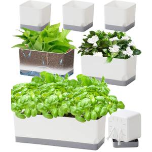 Self Watering Planters Pots for Indoor Plants, 7 Pack Plastic Planter Box Flower Pots for Indoor Outdoor Plants, Rectangle Herb Planter Window Boxes Planterswith Drainage, Light Gray Tray (4+8+17 Inch (7 pcs))