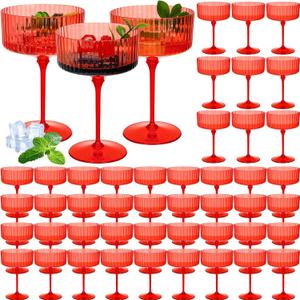 48 Pcs Ribbed Martini Glasses 10 oz Disposable Plastic Vintage Ribbed Coupe Glasses Unbreakable Dessert Parfait Glassware for Wedding Birthday Party Supplies (Red)