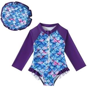 Goodplayer Baby Girl Swimsuit One-Piece Long Sleeve Rash Guard with Hat Set Zipper Bathing Suit, Size 0-3M