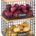 keomaisyto 2 Set XL Stackable Wire Baskets with Bamboo Top- Pantry Organizers and Storage, Kitchen Organization Counter Storage Bins for Potato/Onion/Fruit/Vegetable/Produce, Under Sink Organizing