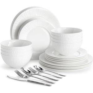 KINGSTONE 24-Piece Bone China Dinnerware Set with 40-Piece flatware, White Lightweight Porcelain Service for 8, for Family Dining, Restaurants, Gifting，Microwave and Dishwasher Safe