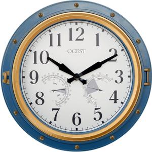 OCEST 16 Inch Indoor Outdoor Clock, Waterproof Wall Clock with Thermometer Hygrometer, Silent Non-Ticking Battery Operated Decor for Home Decor, Patio(Blue), Large