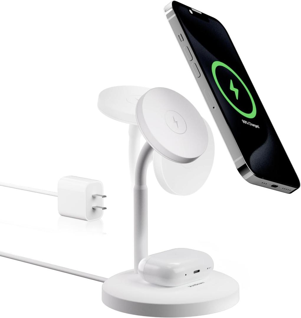 Qi2 2-in-1 Wireless Charging Station, 360 Free Rotation True Qi2 Certified 15W Fast Charger Stand, MagSafe Compatible Dual Charger Dock for iPhone16/15/14/13 Pro Max Plus Airpods 30W Adapter Included