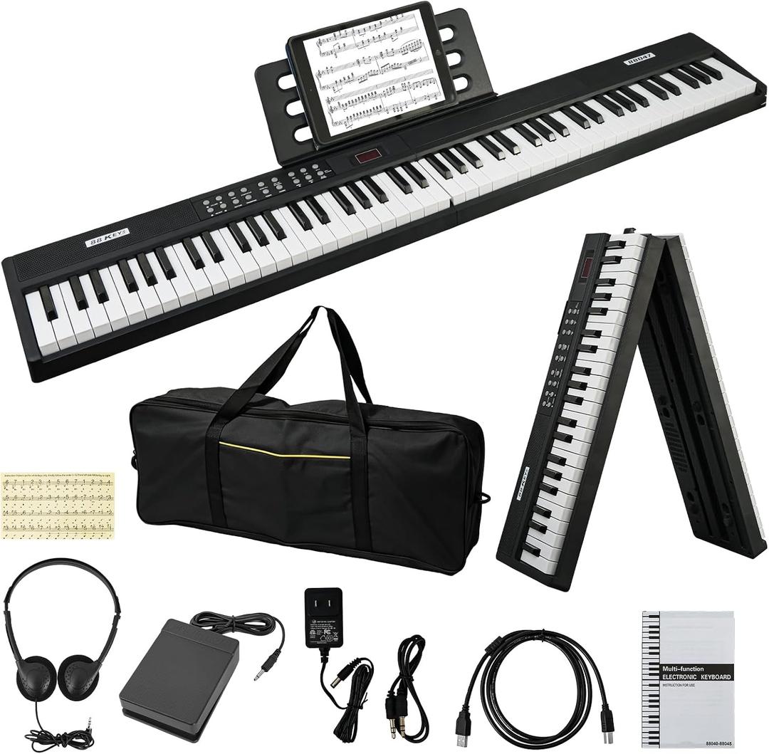 88-Key Foldable Piano Keyboard, Full-Size Touch-Sensitive Keys, USB MIDI Includes sustain pedal, headphones, carry bag and adapter; 800 tones, 700 rhythms, 110 demos and 128-note polyphony., 49.6 x 7.9 x 2.2 inches