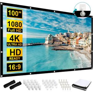 100 inch Projection Screens, Double Sided Washable Outdoor Projection Screen, 16:9 Foldable Anti-Crease Portable Projector Movies Screens for Camping Party, Home Theater, Office