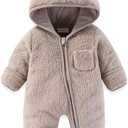 AiWMGL Newborn Baby Bear Outfit With Fold-Over Mittens and Footies Girls Boys Winter Fleece Clothes Hooded Romper Snowsuit, 12-18 month