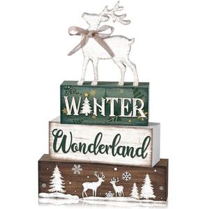 Yousoontic 4 Pcs Winter Decor Woodland Christmas Wooden Sign Blocks Table Centerpiece with Reindeer Snowflakes Trees Rustic Holiday Decorations for Farmhouse Winter Home Indoor