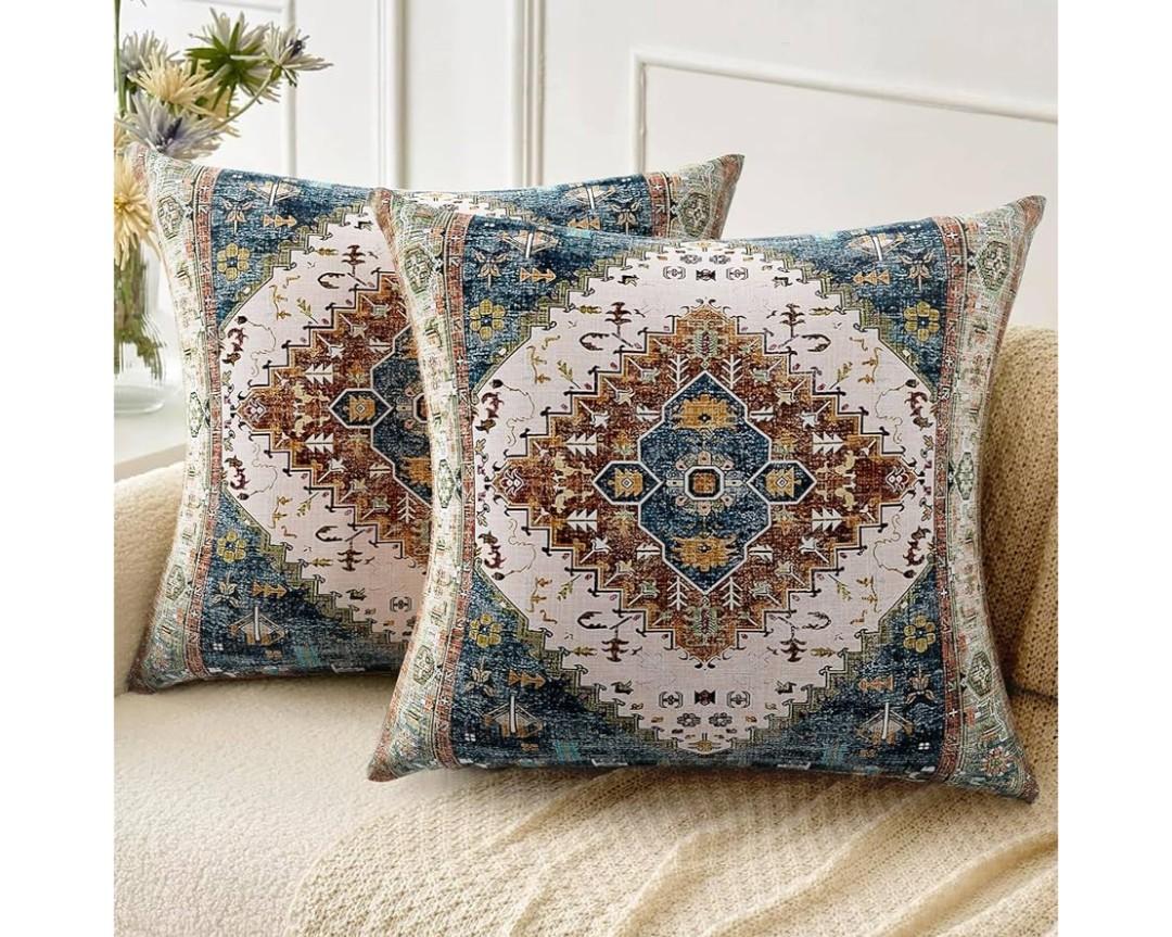 Boho Throw Pillow Covers 20x20 inch Set of 2,Soft Pillowcases Bohemia Carpet Printing Pattern Decorative Sofa Living Room Bed Square Pillow Case Cushion Cover-Blue Green