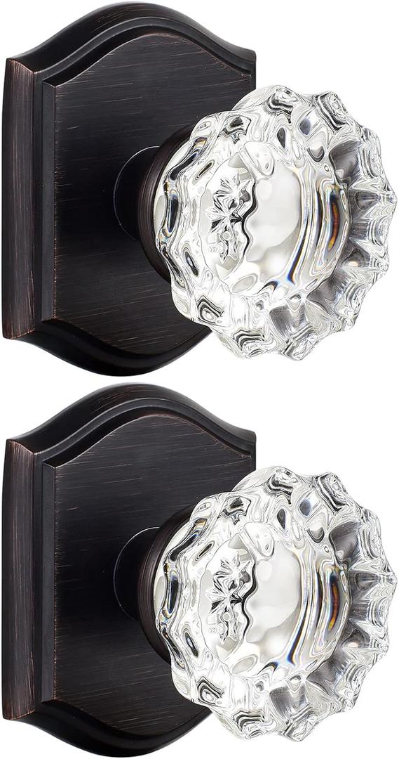 2 Pack Glass Dummy Door Knobs, Antique Inactive Crystal Half-Dummy Door Knobs for Hall and Closet, Oil Rubbed Bronze
