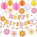 Pasimy Groovy Party Decorations Daisy Birthday Banner Garland Boho Flower Happy Birthday Decor Retro Hippie Hanging Swirls Streamer Groovy Honeycomb Balls Dot Garland Banner for Boho Party Supplies