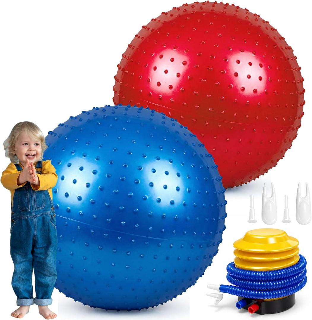 2 Pack 33.5" 85CM Big Knobby Balls Large Sensory Massage Ball with Tactile Spikes for Kids, Indoor Games Outdoor Beach Play,with Pump (Red and Blue)