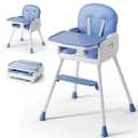 3-in-1 Portable Baby High Chair for Babies and Toddlers, Convertible Easy Clean Infant Foldable Highchair with Adjustable Legs & Dishwasher Safe Tray, Blue