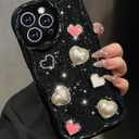 Toycamp for iPhone 16 Pro Max Case Cute - Women Girly Girls Glitter Phone Cover 16 ProMax Kawaii Sparkle Bling Shine Aesthetic Pretty Unique Wave Design Funda for Apple 16 Pro Max, Black Heart
