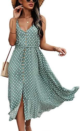 BROVAVE Women's 2025 Summer Casual Boho Sundress Polka Dot Spaghetti Strap V Neck Flowy Midi Dresses L/XL