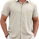 Mens Linen Shirt Short Sleeve Wrinkle Free Casual Untucked Button Down Shirts Beach Breathable Tops Summer, XL