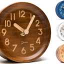 Driini Wooden Analog Desktop Clock  4.3 in. Decorative Pinewood, No-Tick Design  Easy to Read Silent Sweep Mantle Clock  Quiet Tabletop Clocks with Wood Body, Hands, & Battery Cover; Dark (Brown)