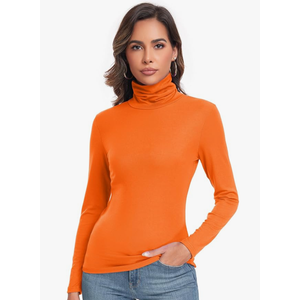 Women's Long Sleeve Casual Lightweight Turtleneck Top Slim Fit Thermal Active Layer Shirts (S, Orange)