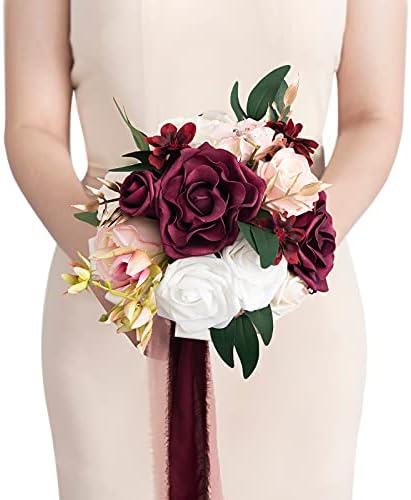 Ling's Moment Artificial Flowers Red Bridesmaid Bouquet, Marsala & Blush Wedding Flowers Bouquets for Bridesmaids, 7 Inch Bridal Bouquets for Bridesmaids, Wedding Decor, Ceremony, etc