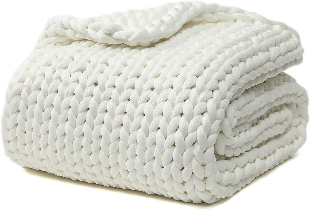 YnM Cooling Weighted Blanket, Handmade Chunky Yarn Knitted Design, Temperature Regulating and Breathable, Machine Washable Throw for Sleep or Home Decor (White, 50x60 Inch, 10lbs)