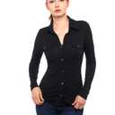 AmélieBoutik Women Collar Button Up Short/ Long Sleeve Blouse Shirt(Black X-Large)
