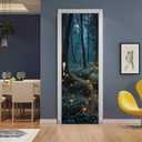 REDAMANCY Mystic Forest Tree Mushroom Firebee Peel and Stick Door Stickers Vinyl 3D Door Mural Decals Decor Wallpaper Self-Adhesive, Waterproof, Removable