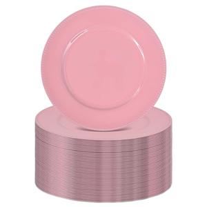 FXKS 50 Pcs Pink Charger Plates, 13 Inch Round Plastic Chargers for Dinner Plates, Elegant Wedding Plate Charger Bulk, Reusable Chargers Serving Plates for Wedding Party Event Tabletop Decoration