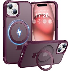 Magnetic Ring Stand Case for iPhone 15-120 rotatable Stand, N52 Magnet, Non-Slip, Matt Transparent Back, Easy to Clean, Shockproof, Military Standard Drop Protection (Wine Red)