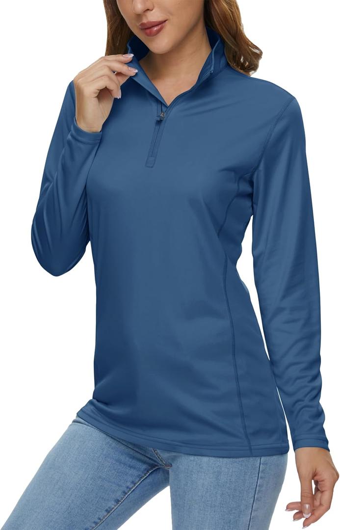 MAGCOMSEN Women's Shirts Long Sleeve 1/4 Zip UPF50+ UV Sun Protection Quick Dry Workout Hiking Athletic Shirts Rash Guard (Blue Grey) XS