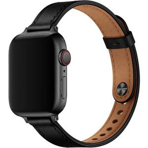 OUHENG Slim Bands Compatible with Apple Watch Band, Women Genuine Leather Replacement Thin Strap for iWatch, Size: 38mm/40mm/41mm/42mm-series 11 10(Black)