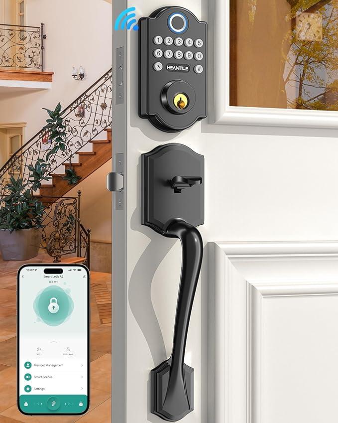Smart WiFi Door Lock Set: HEANTLE Keyless Entry Front Door Lock Fingerprint Electronic Digital Keypad Deadbolt with Handles Set App Remote Control Alexa Voice Auto-Lock