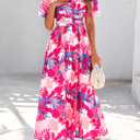 PRETTYGARDEN Womes Boho Maxi Dresses 2026 Summer Spring V Neck Puff Sleeve Empire Waist A Line Flowy Long Beach Floral Dress (S)