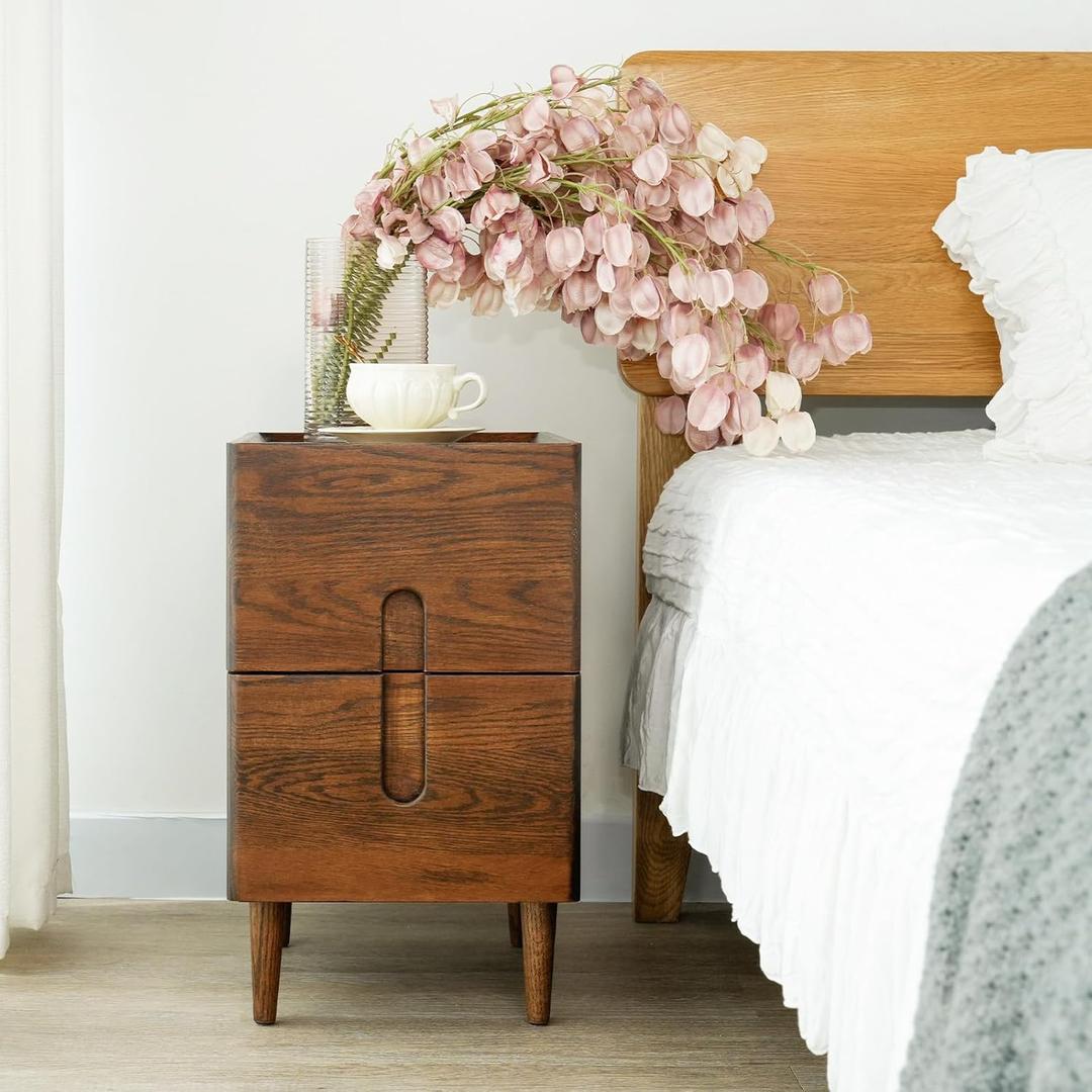 Narrow Nightstand, Mid Century Modern Nightstand, Solid Wood Bedside Table, Side Table witn Drawers (Walnut, 11.81inches)