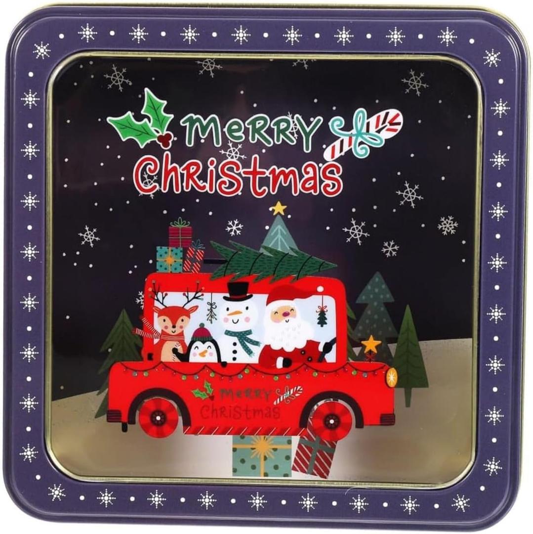 hadaaya Metal Cookie Tin with Clear Lid  Square Multipurpose Storage Container for Cookies, Candy, Snacks, Chocolate Cake, Crafts  Ideal for Parties & Gift Giving  Merry Christmas Design (1 Pack)