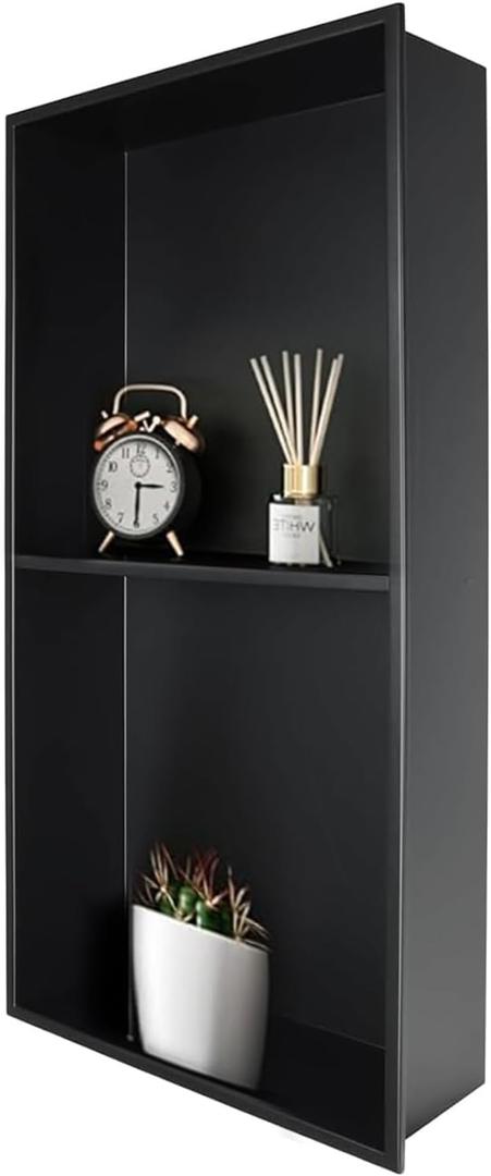 BWE Bathroom Wall Niche,12" X 24" X 4" Stainless Steel Shower Niche,Rimless Recessed Shower Shelf for Bathroom,Double Shelves Niche,No Tile Needed Matte Black