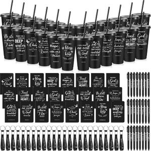 24 Set / 96 Pcs Christian Church Gifts Plastic Cups with Bible Verse Pens Keychains Notebooks for Women Men Volunteer Christian Party Gifts (Black)