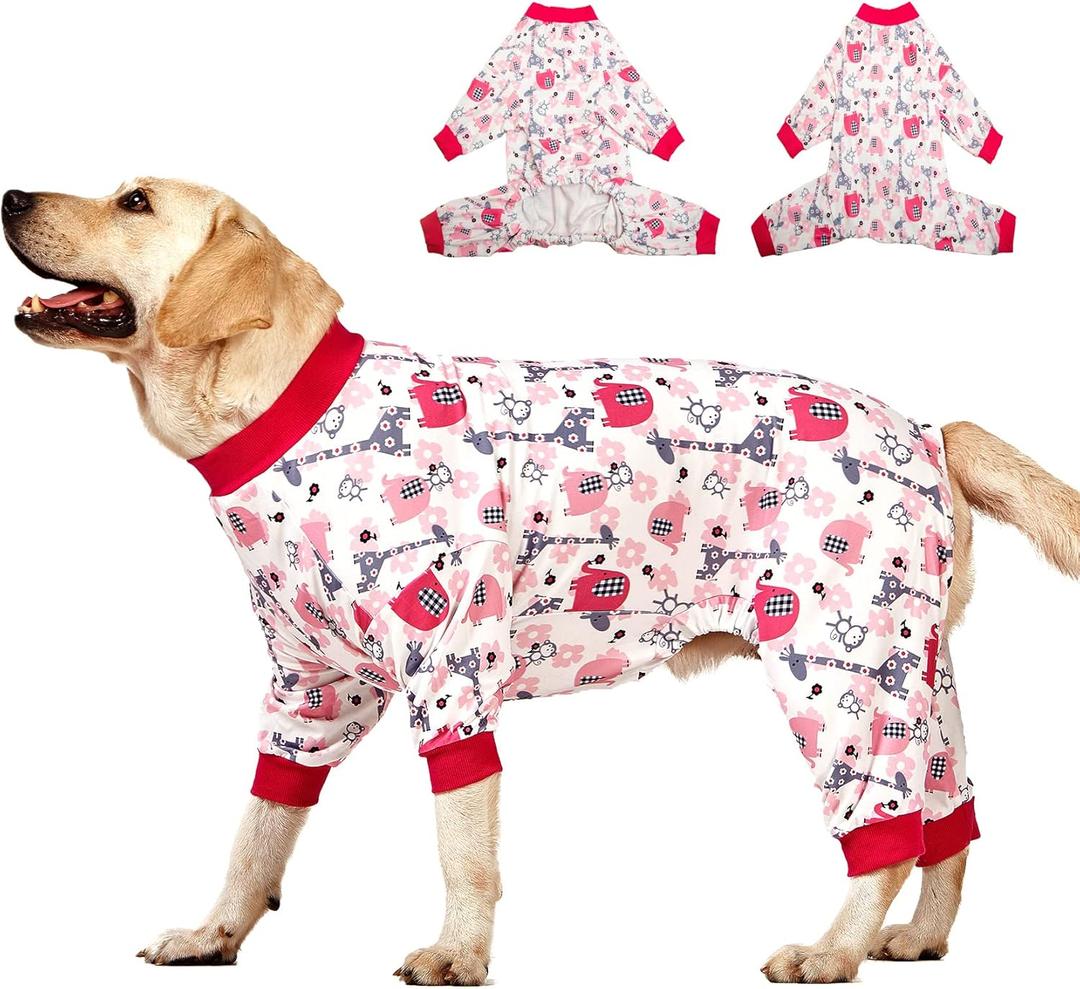 LovinPet Labrador Large Dog Onesies, Pet Anxiety Relief, Anti Licking, Post Surgery Recovery Clothe, Lightweight Stretch Fabric, Jungle Dreams Fuchsia Print, Large Dog Jammies, Big Pet PJ's/Medium (Red)