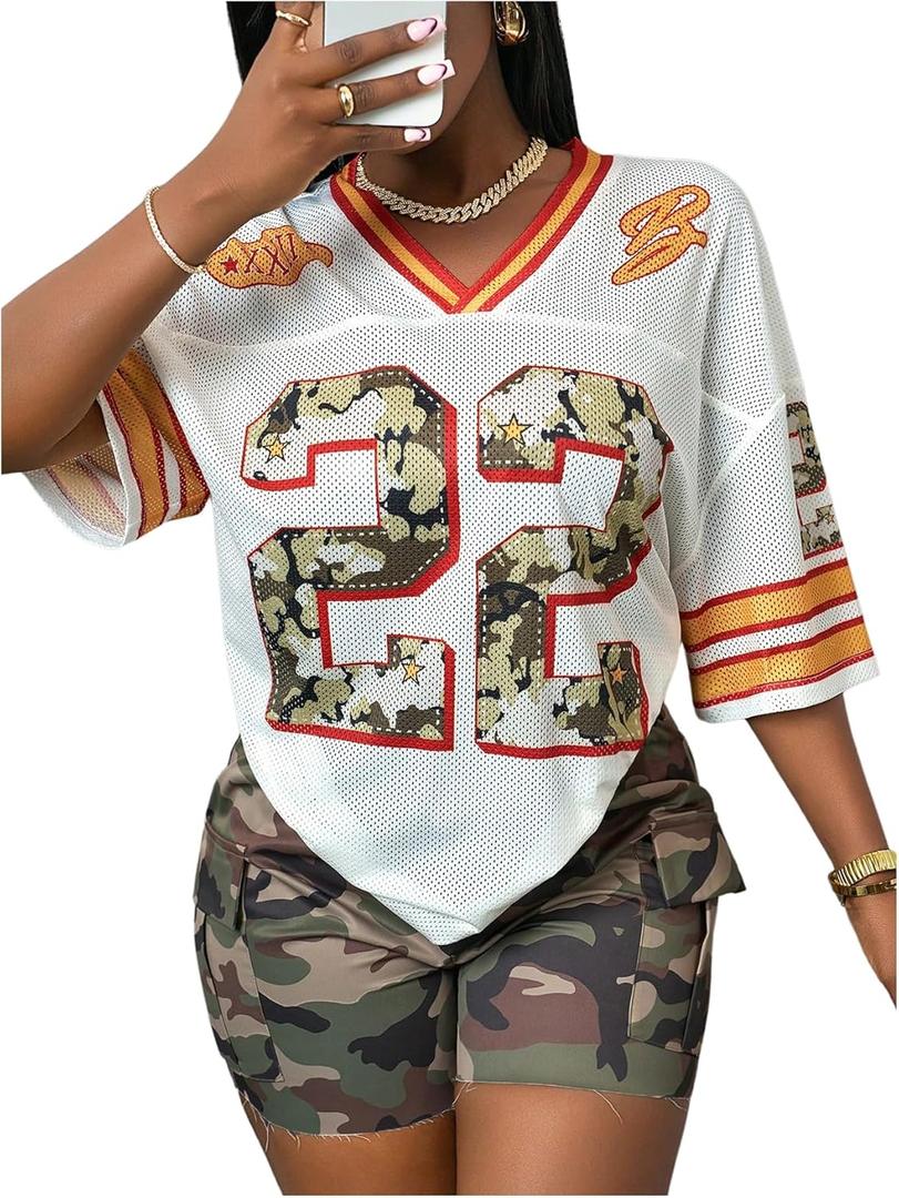 MakeMeChic Women's Football Jersey Shirts Soccer Jersey Number Oversized Y2K Tee Tops, Large