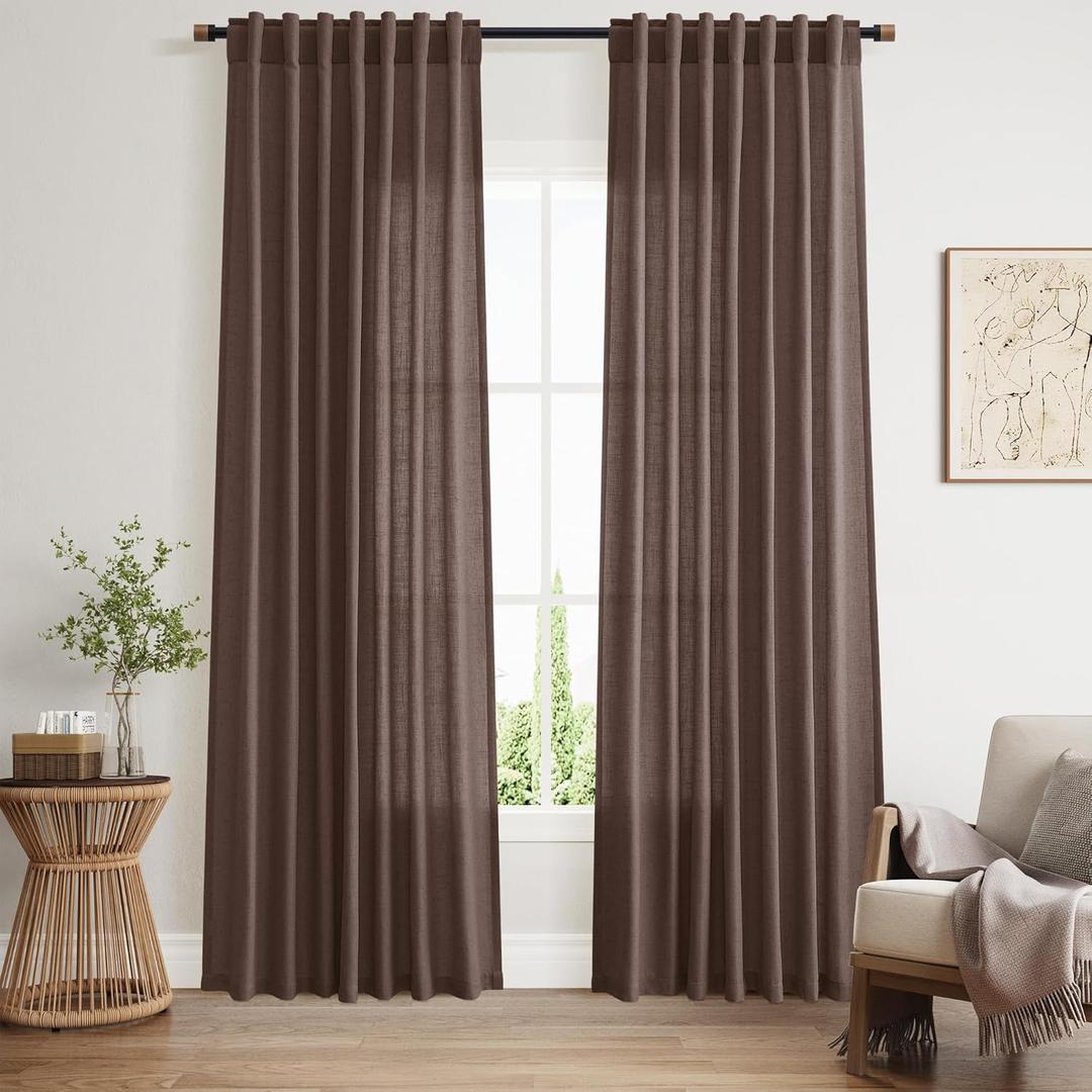 Nanspring Cappuccino Curtains 84 Inches Long, Back Tab Linen Blend Light Filtering Semi Sheer Privacy Drapes for Living Room & Bedroom Simple Style, 52x84 inch, 2 Panels