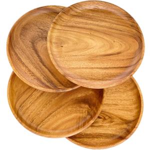 Wood Plate Set of 4, Natural Rustic Acacia 10" Round Hardwood Platter, Handcrafted, Versatile Durable Sustainable Dinnerware, For Daily Use or as Picnic & Poolside Server.