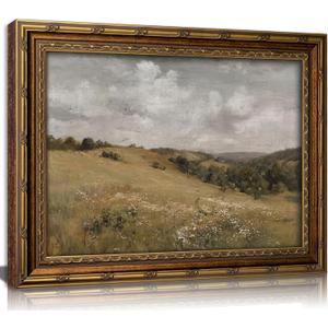 Vintage Gold Framed Landscape Wall art Retro Countryside Farmhouse Painting Picture Dark Green Nature Field Meadow Scenery Artwork Mountain Grassland Canvas for Living Room Bedroom Home Decorations
