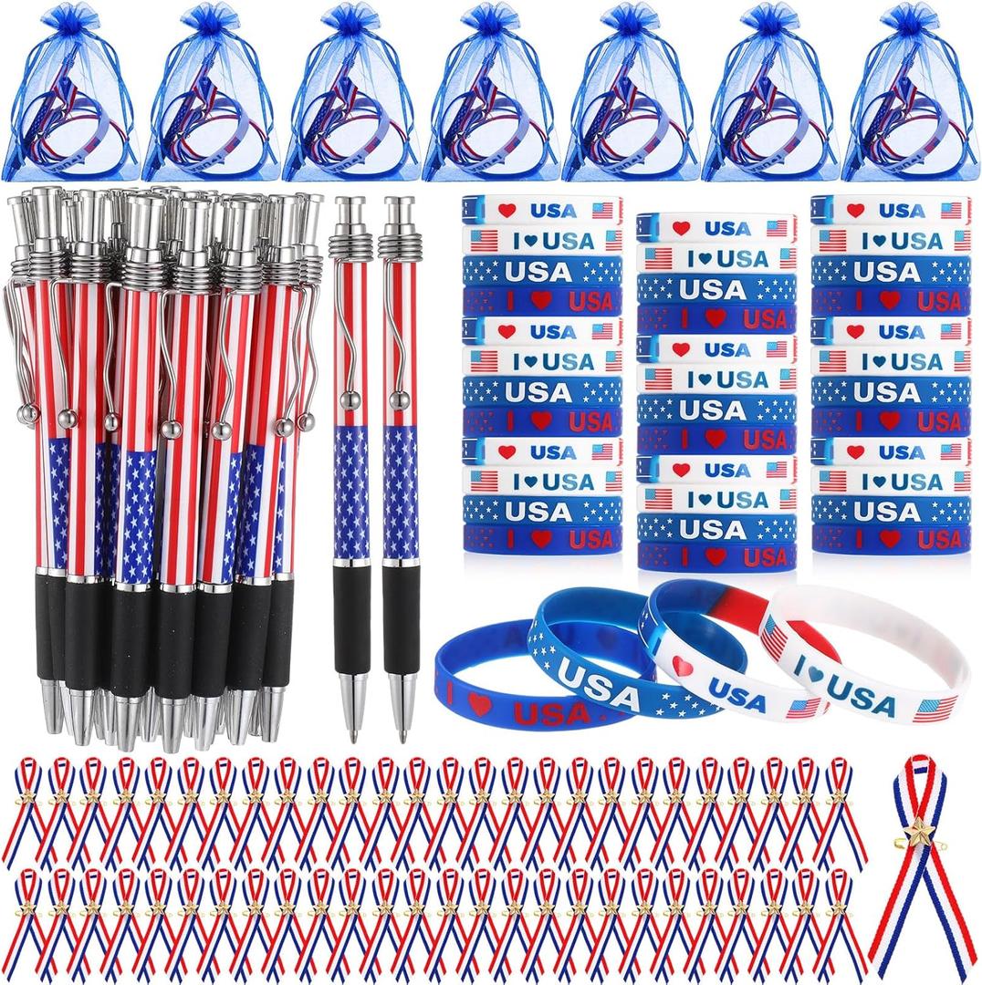 400pcs American Patriotic Gift Bulk USA Patriotic Pens American Flag Lapel Pins Bracelets Organza Gift Bag Set for Veterans Day Independence July 4th Memorial Day Supplies(Design)