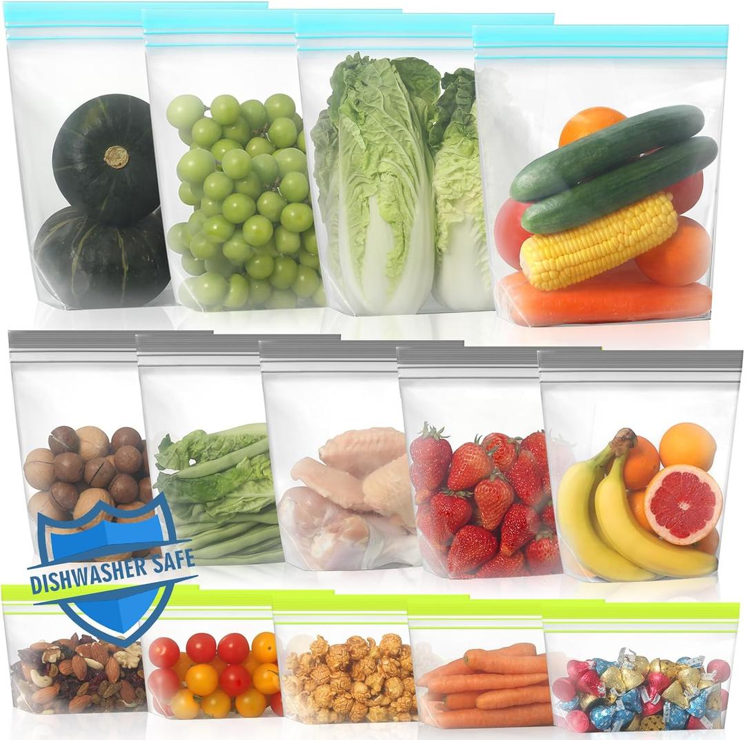 Lerine 14 Pack Reusable Freezer Bags Dishwasher Microwave Safe, Stand Up BPA Free Reusable Sandwich Bags, Silicone Free Leakproof Food Storage Bags for Meal Prep (4 Gallon 5 Sandwich 5 Snack)