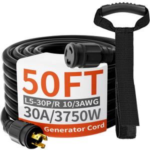 huanchain L5-30P/L5-30R 3 Prong 30 Amp Generator Cord 50 FT, Heavy Duty 10AWG 125V 3750W SJTW, Black Locking Generator Extension Cord Waterproof, ETL Listed