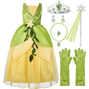 Spooktacular Creations Halloween Girls Frog Princess Dress, Green Fairy Costume for Kids, Fancy Gown Dress with Accessories for ​Toddler Themed Birthday, Dress-Up, Cosplay Party (Small, 5-7 yrs)