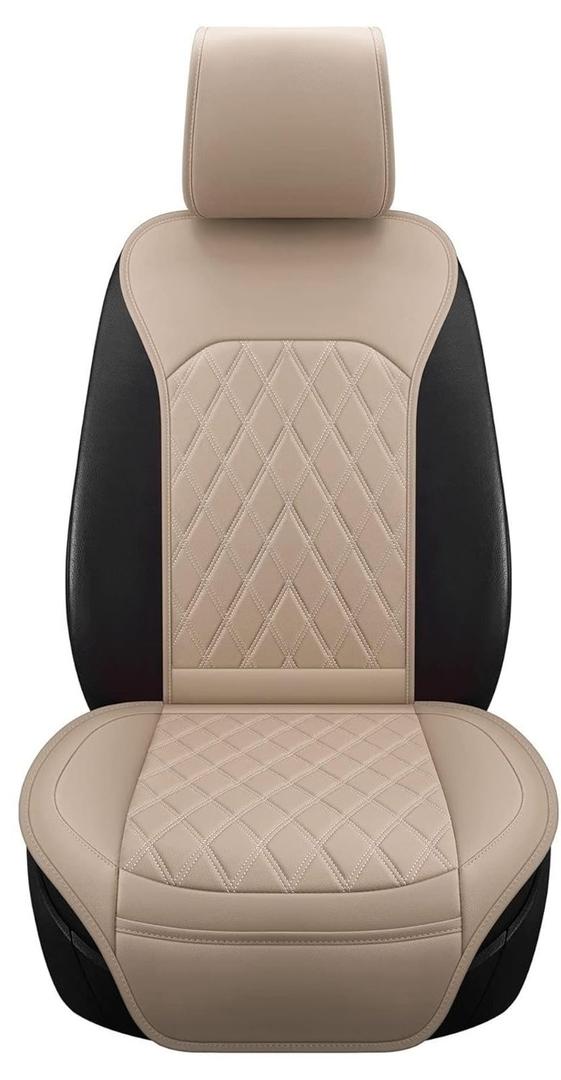 Sanwom Universal Front Leather Car Seat Covers 2 Pcs Luxury Seat Covers, Anti-Slip Waterproof Auto Driver Cushions Fit SUV Pickup Van Sedan, Chevy Silverado GMC Sierra Dodge Ram Tacoma Ford (Beige Yellow)